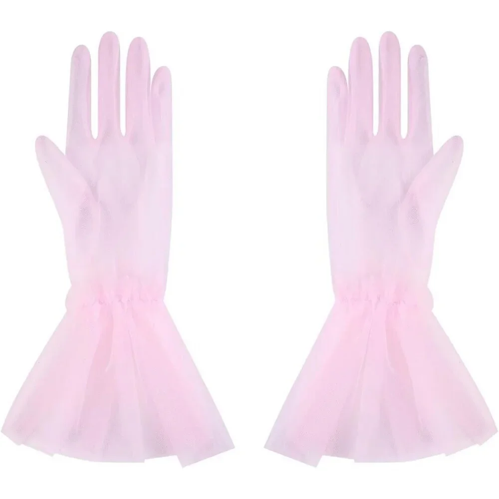 Women's Puffy Ruffle Pink Tulle Sheer Mesh Party Prom One Size Short Gloves